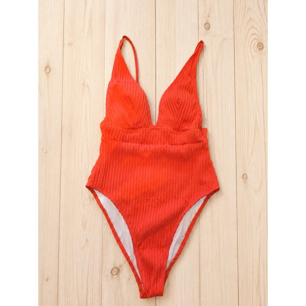 CUPSHE Women's One Piece Swimsuit Size S Orange Ribbed Plunge V Neck NWT